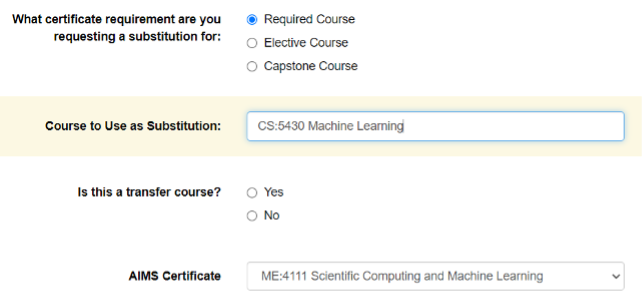 Screenshot from course substitution request form   ​