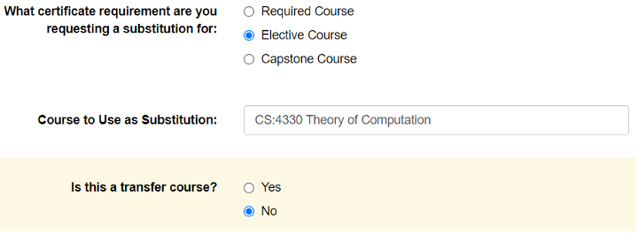 Screenshot from course substitution request form  