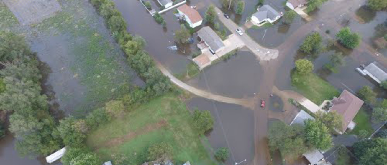 Aerial view of a flooded town