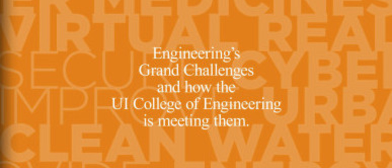 Cover of Iowa Engineer magazine, yellow and orange background with text that reads, "Engineering's Grand Challenges and how the UI College of Engineering is meeting them."