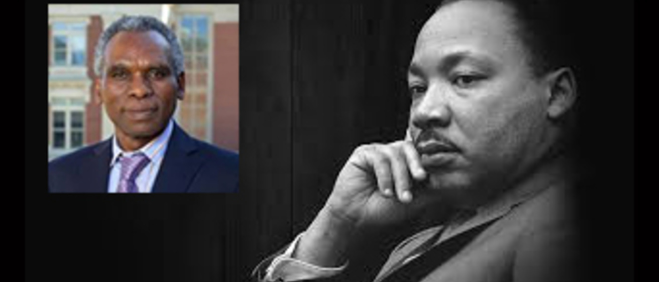 Photo of Dr. Douglas Mupasiri laid over a photo of Martin Luther King Jr. 